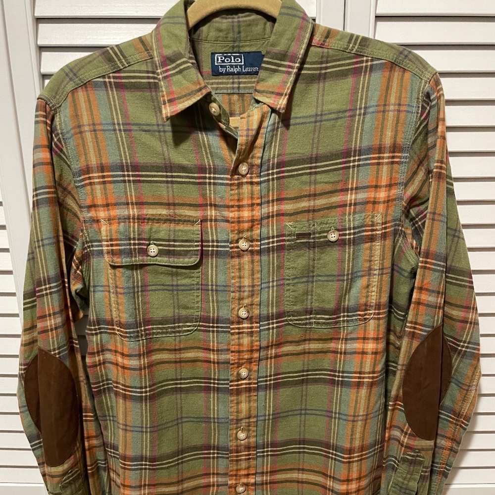 Rare Polo Ralph Lauren Cotton Wool Plaid Flannel Shirt with Suede Elbow Patches - Picture 3 of 9